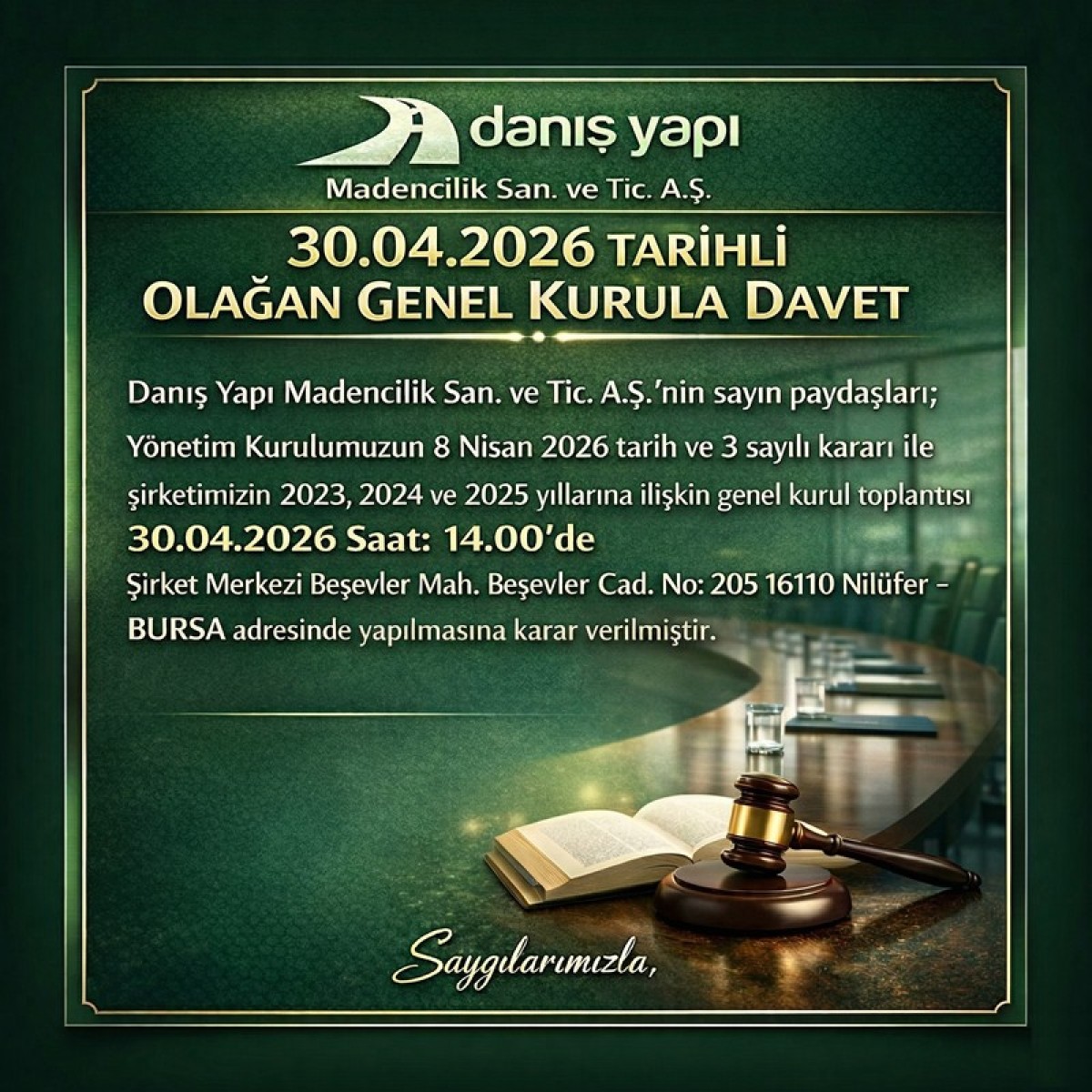 30.04.2026 Tarihli Olağan Genel Kurula Davet